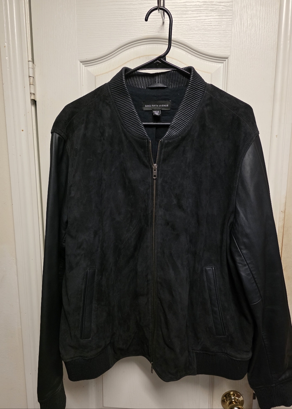 Saks Fifth Avenue Blue Suede Front and Leather Sleeve Bomber Jacket